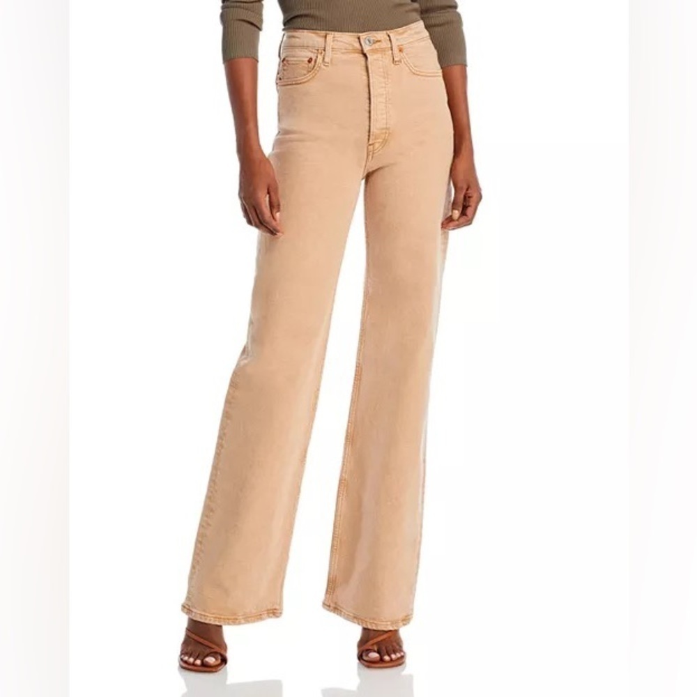 RE/DONE 70s Loose Long High Rise Wide Leg Button Fly Jeans in Washed Khaki Sz 25